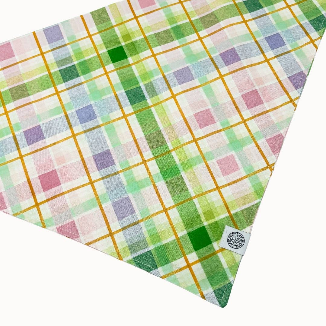 Buttercup Dog Bandana | Pastel Plaid Pet Scarf Accessory: Green / M