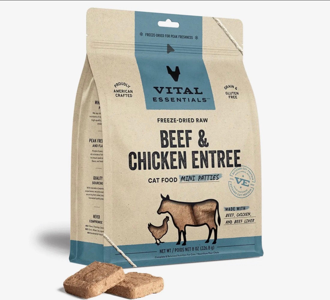 Vital Essentials Freeze-Dried Raw Beef & Chicken Mini Patties for Dogs & Cats – 8 oz
